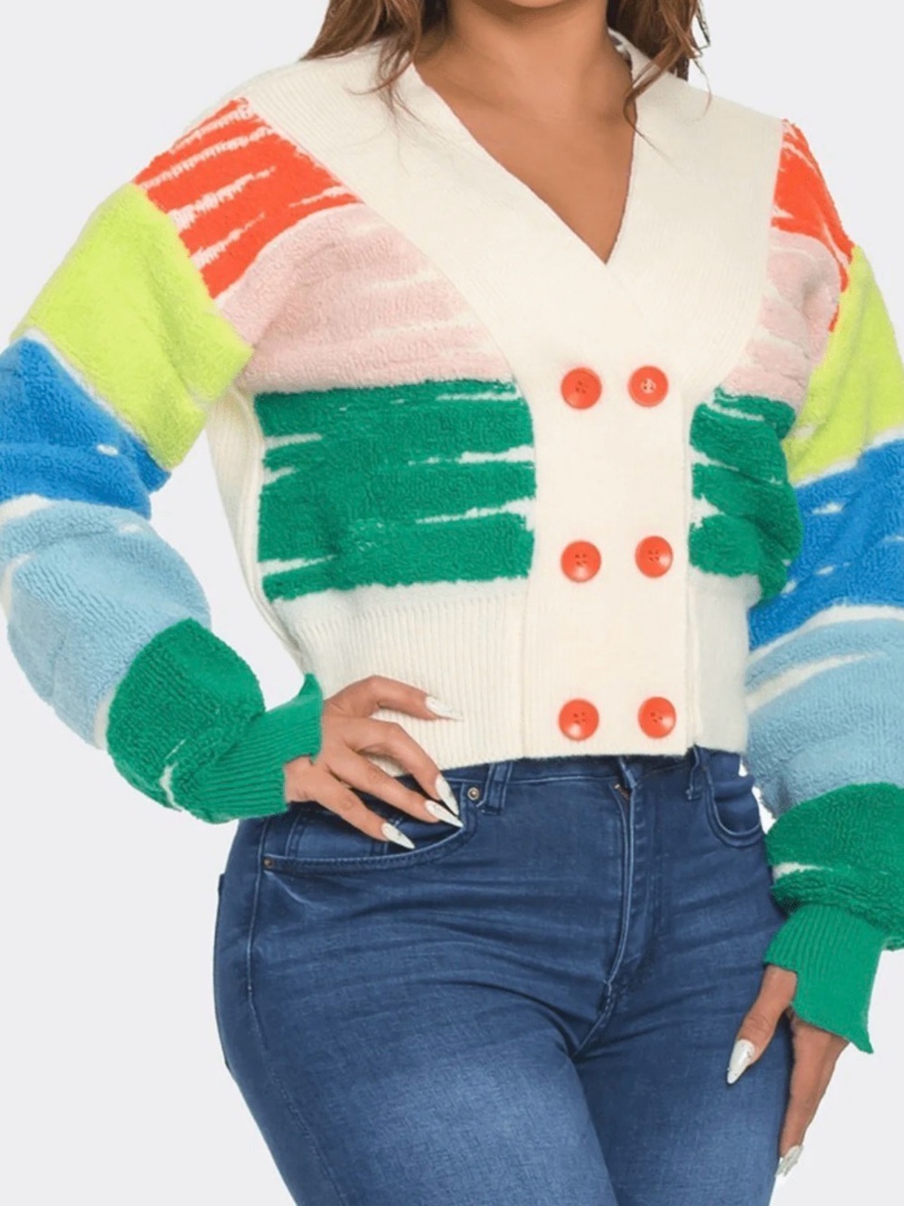 Colorblock V-Neck Cropped Button Cardigan Sweater - White/Green/Blue